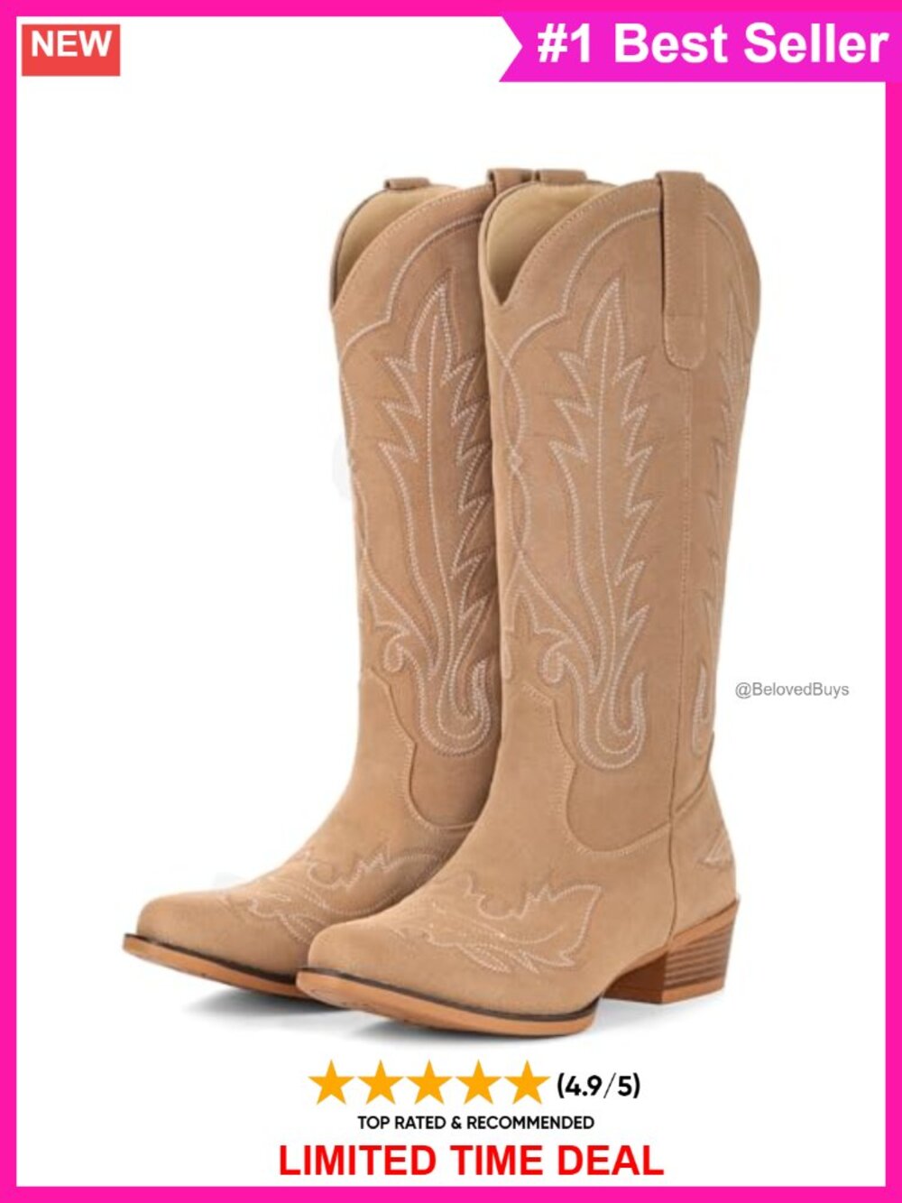 Faux Suede Embroidered Mid Calf Cowboy Boots Snip Toe Pull On